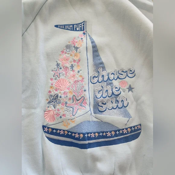 πβ΅οΈNew Pink Palm puff Chase the Sun Relaxed Hoodie in Sky Blue M - Picture 5 of 13